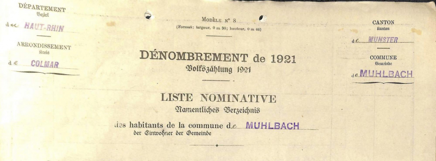 Muhlbach - Dénombrement de 1921
